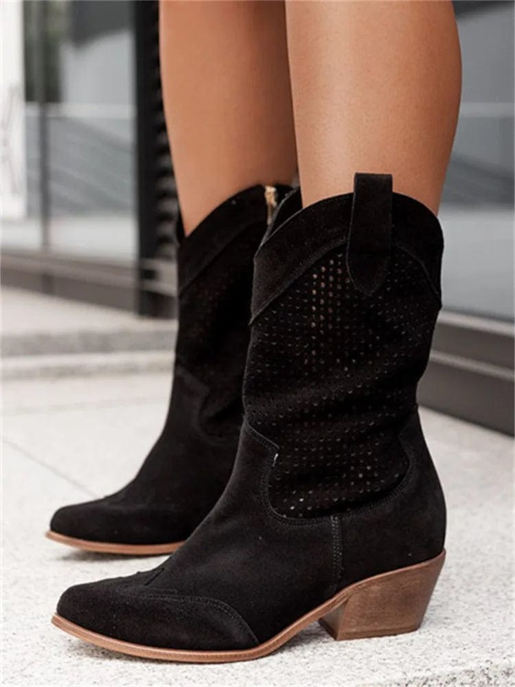 Taren Womens Western Boots with Perforated Panels in Black