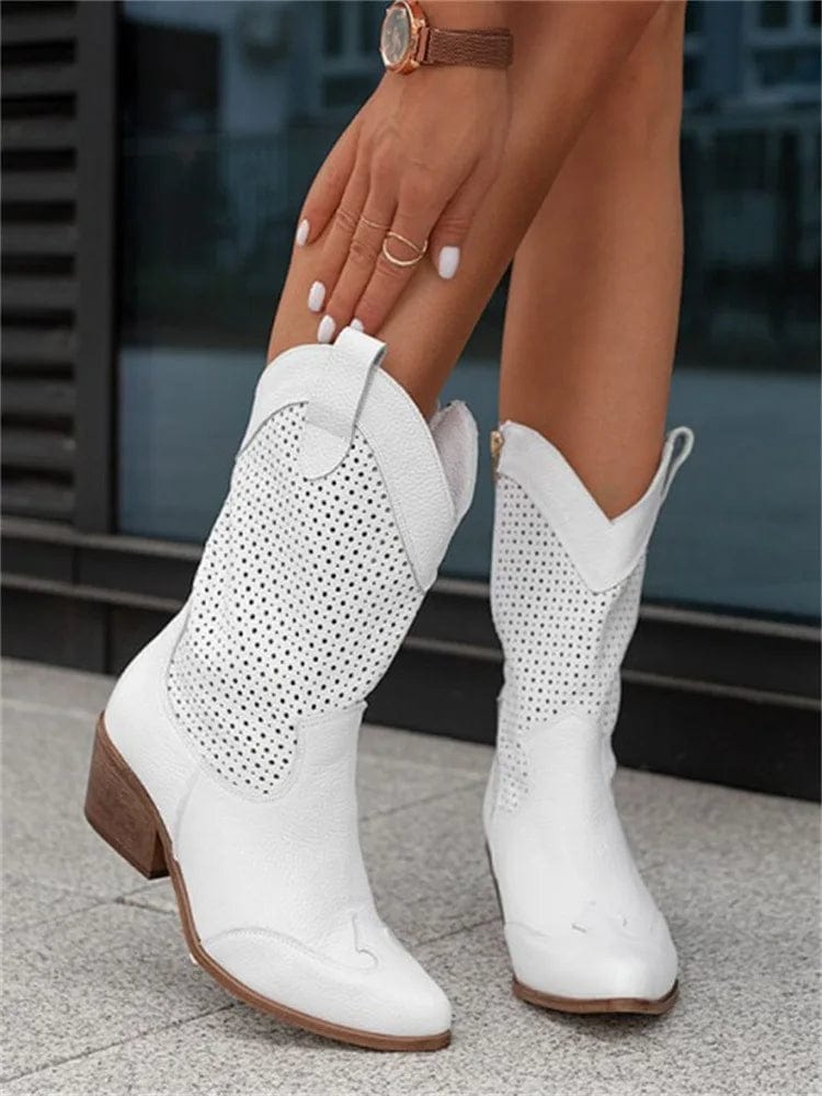 Taren Womens Western Boots with Perforated Panels in White