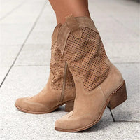 Taren | Womens Western Boots with Perforated Panels | Mid Block Heel, Side Zip | Beige, Black, Brown or White US 5-12.5