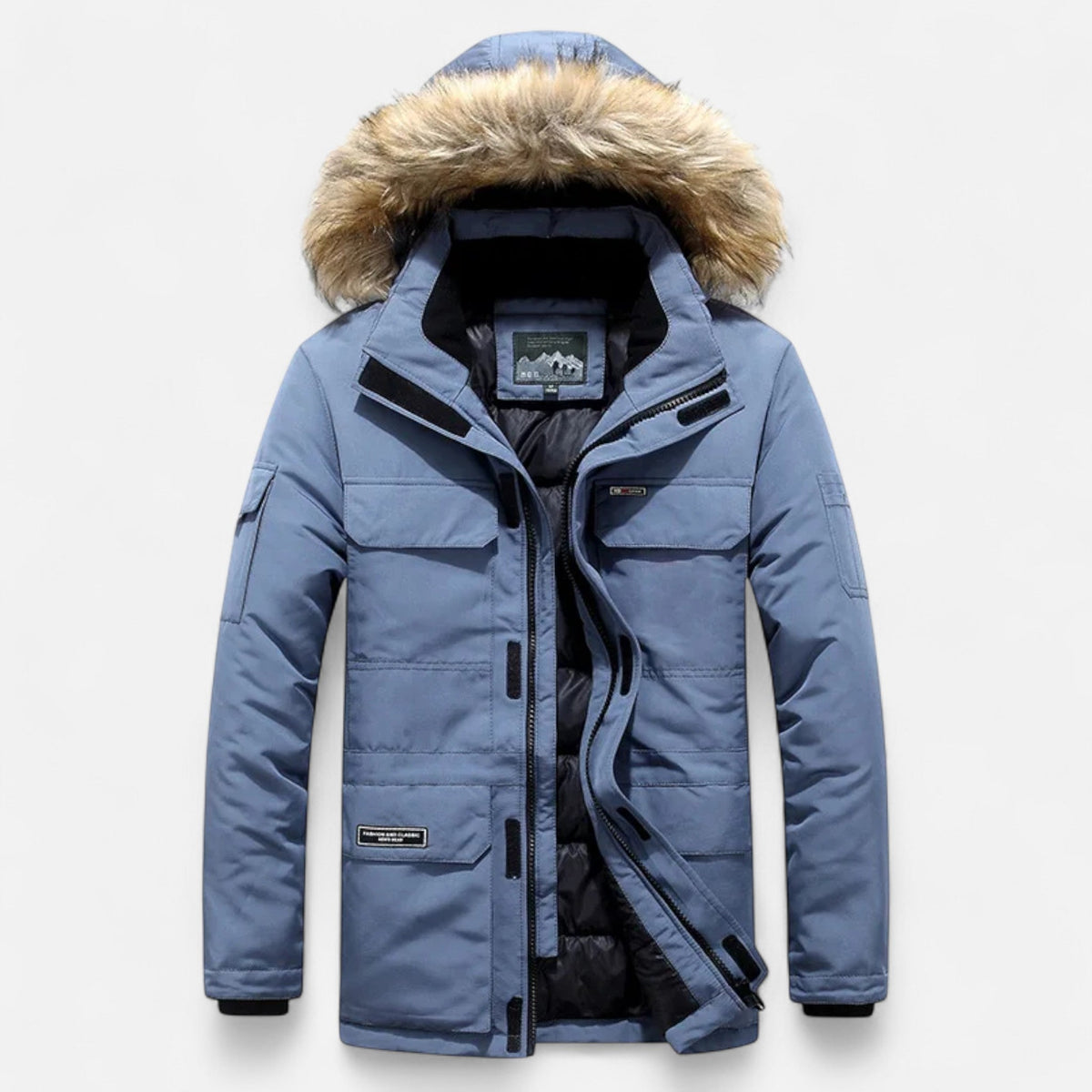 Jeff Mens Winter Parka with Hood, Fleece Lining in Mist Blue