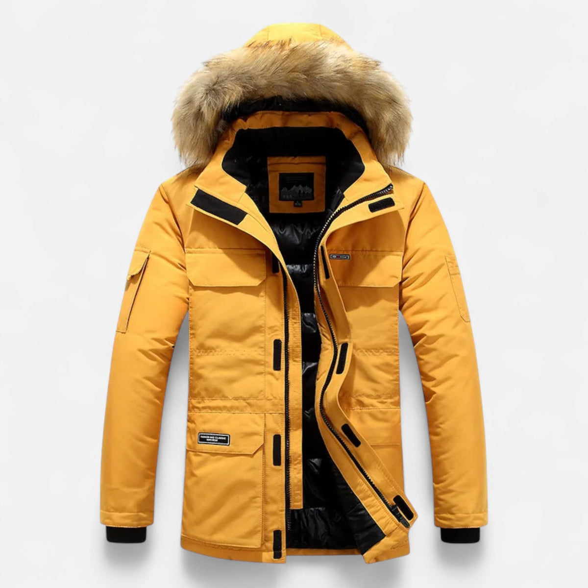 Jeff Mens Winter Parka with Hood, Fleece Lining in Yellow