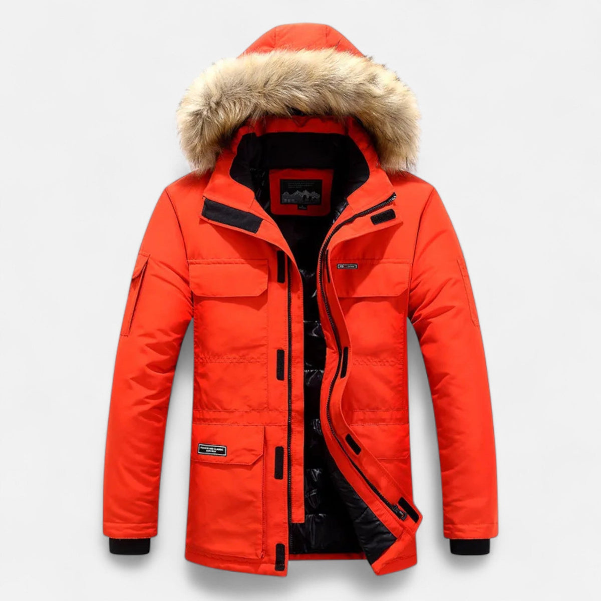 Jeff Mens Winter Parka with Hood, Fleece Lining in Orange