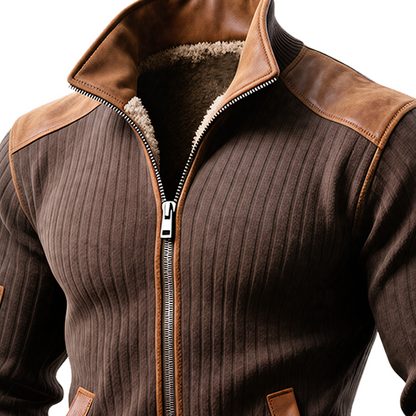 Bruno - Brown Ribbed Jacket with Zip and Leather Accents