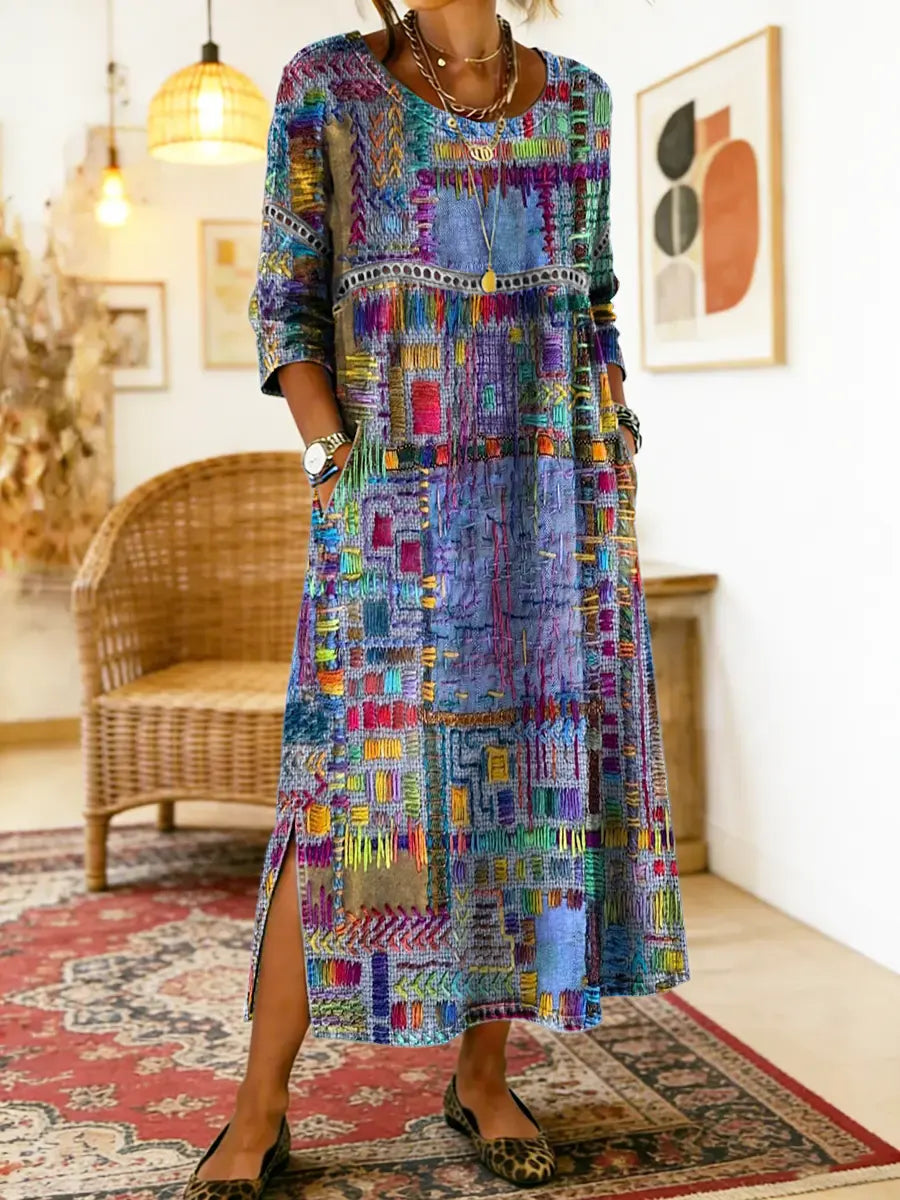 Matilda™ | Denim Dress with Ethnic Patchwork