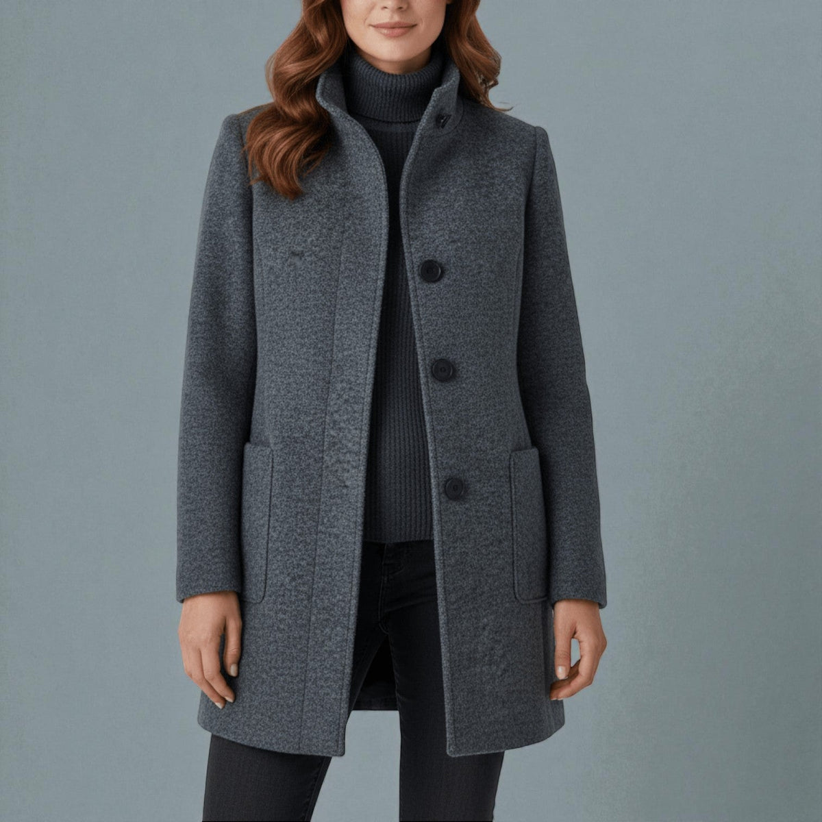 Elara Womens Winter Coat with Stand-Up Collar and Side Pockets in Gray