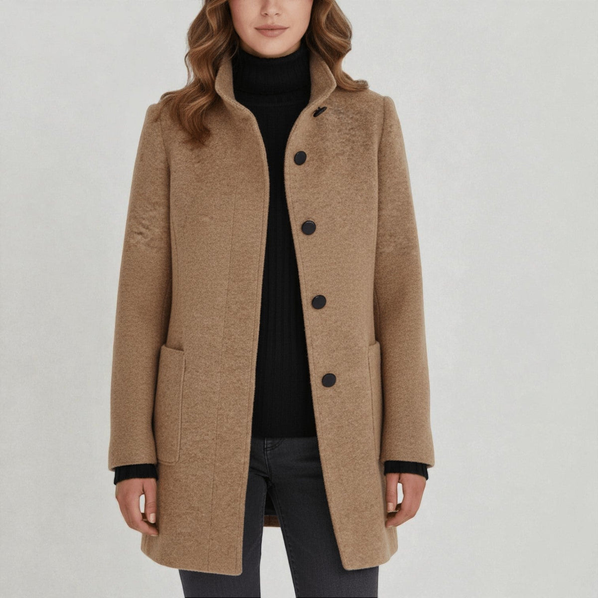 Elara Womens Winter Coat with Stand-Up Collar and Side Pockets in Beige