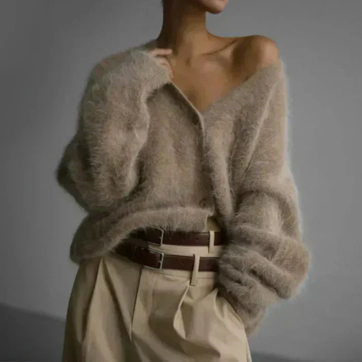 Elspeth | Women's Oversized Fuzzy Cardigan Sweater — Deep V-Neck Button-Front Layer in 4 Neutrals | Westmere