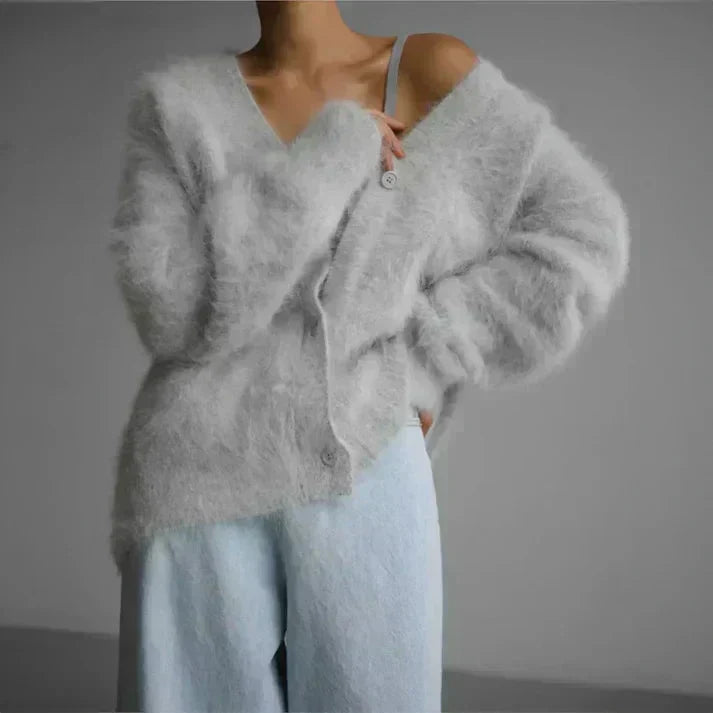 Elspeth | Women's Oversized Fuzzy Cardigan Sweater — Deep V-Neck Button-Front Layer in 4 Neutrals | Westmere