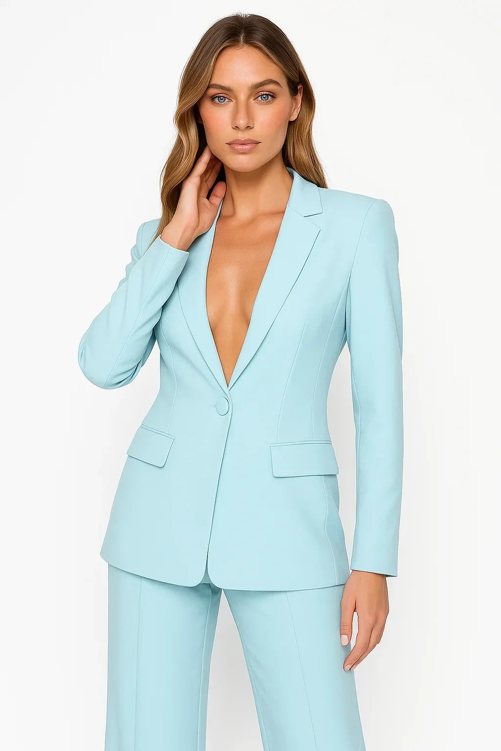 Laura Womens Blazer and Pants Suit Set in Sky Blue