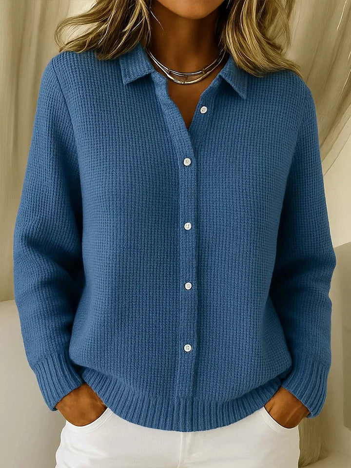 Émilie Womens Knit Cardigan with Collar in Dark Blue