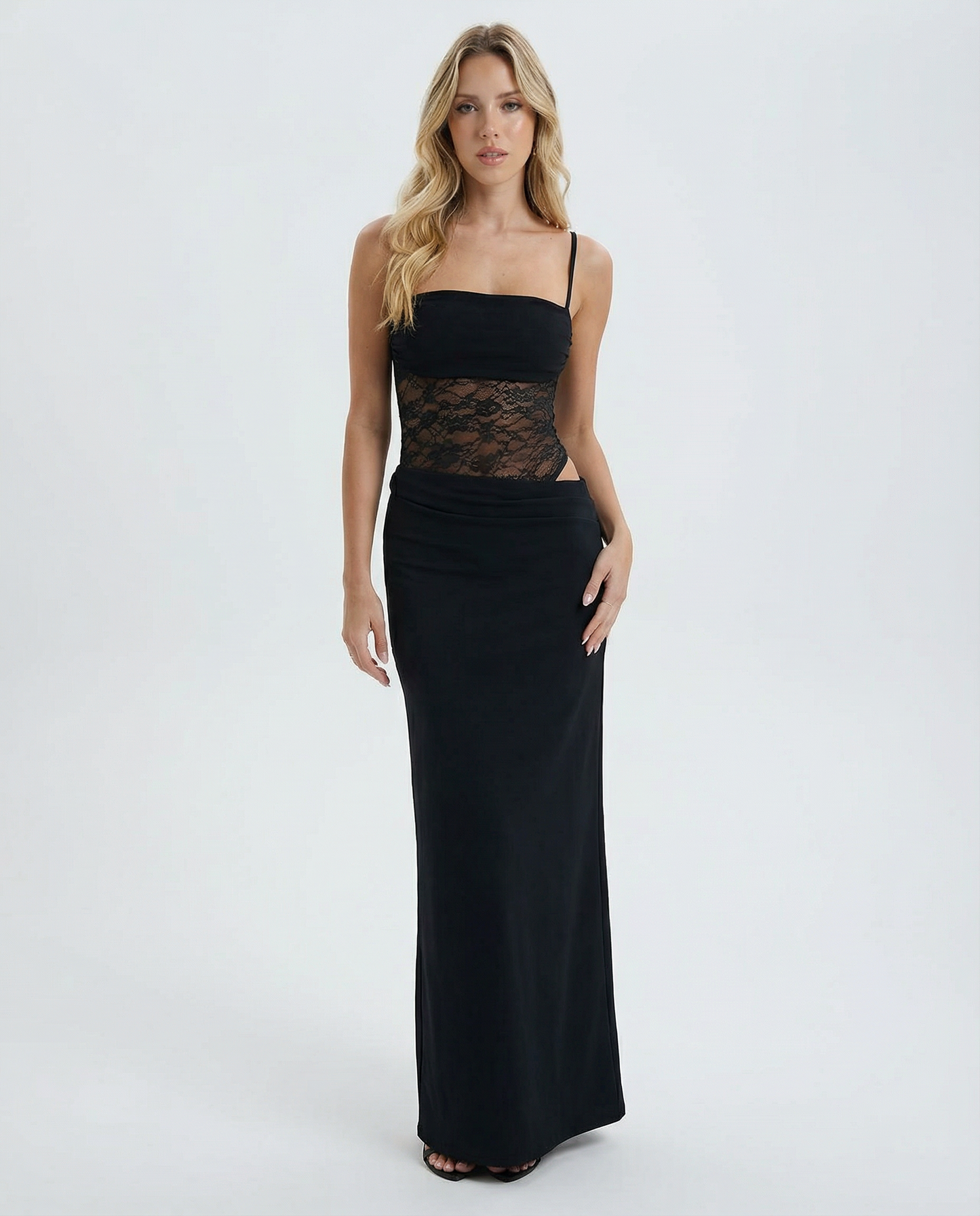 Lace Panel Maxi™ – Sculpted Bandeau Dress (Minimal Elegance & Modern Edge)