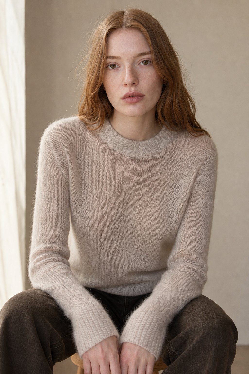 Natasha Womens Crewneck Knit Sweater in Khaki