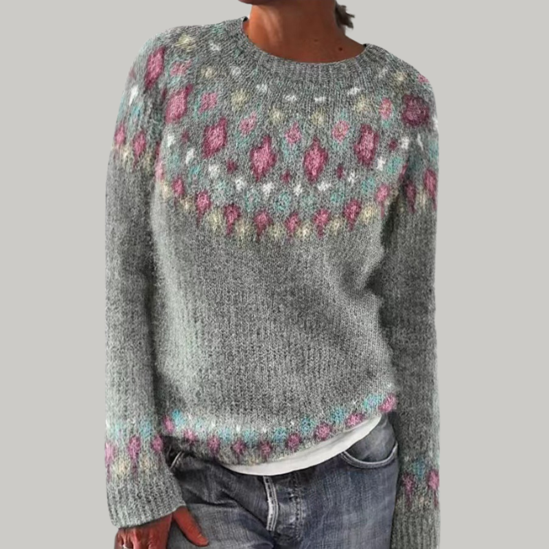 Women's Nordic Fair-Isle Knit Sweater, Crew Neck | Relaxed Pullover Fit, Colorful Yoke Pattern | 5 Colorways | XS–3XL