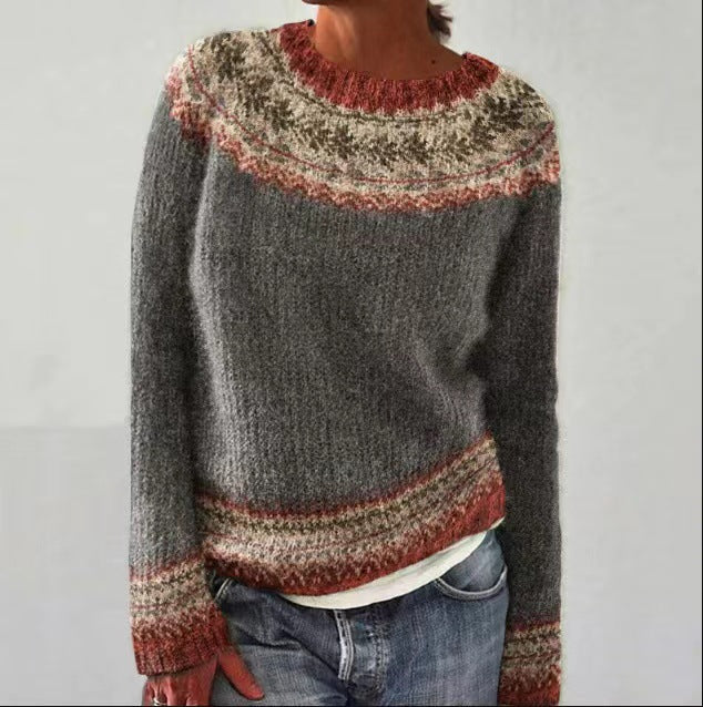 Women's Nordic Fair-Isle Knit Sweater, Crew Neck | Relaxed Pullover Fit, Colorful Yoke Pattern | 5 Colorways | XS–3XL