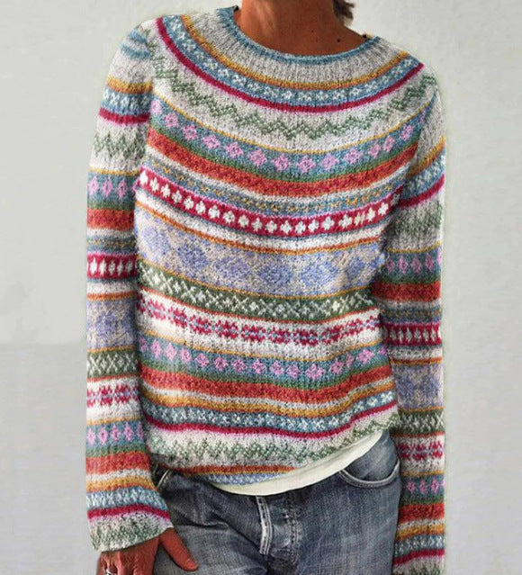 Women's Nordic Fair-Isle Knit Sweater, Crew Neck | Relaxed Pullover Fit, Colorful Yoke Pattern | 5 Colorways | XS–3XL