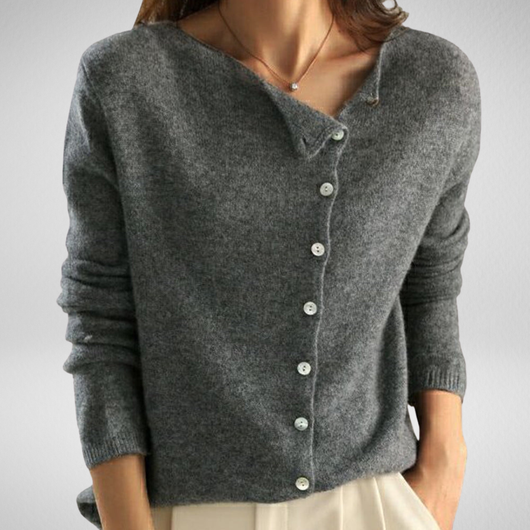 Fenya | Women's Button-Front Cardigan Sweater — Asymmetric Neckline with Pearl-Style Buttons in 4 Colors | Westmere