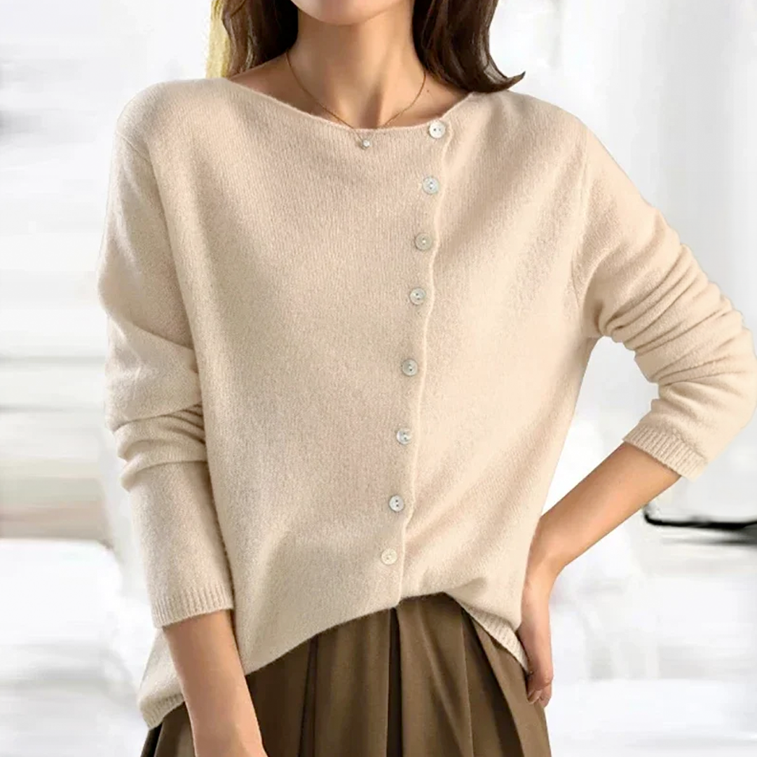 Fenya | Women's Button-Front Cardigan Sweater — Asymmetric Neckline with Pearl-Style Buttons in 4 Colors | Westmere