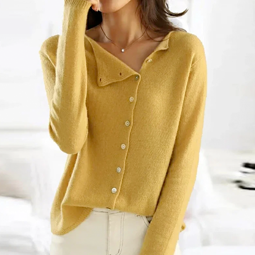 Fenya | Women's Button-Front Cardigan Sweater — Asymmetric Neckline with Pearl-Style Buttons in 4 Colors | Westmere