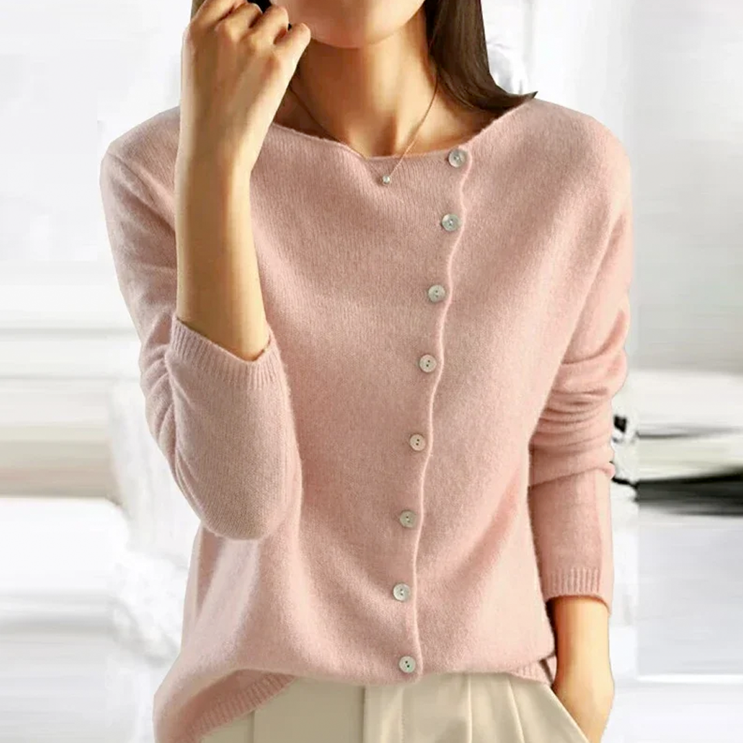 Fenya | Women's Button-Front Cardigan Sweater — Asymmetric Neckline with Pearl-Style Buttons in 4 Colors | Westmere
