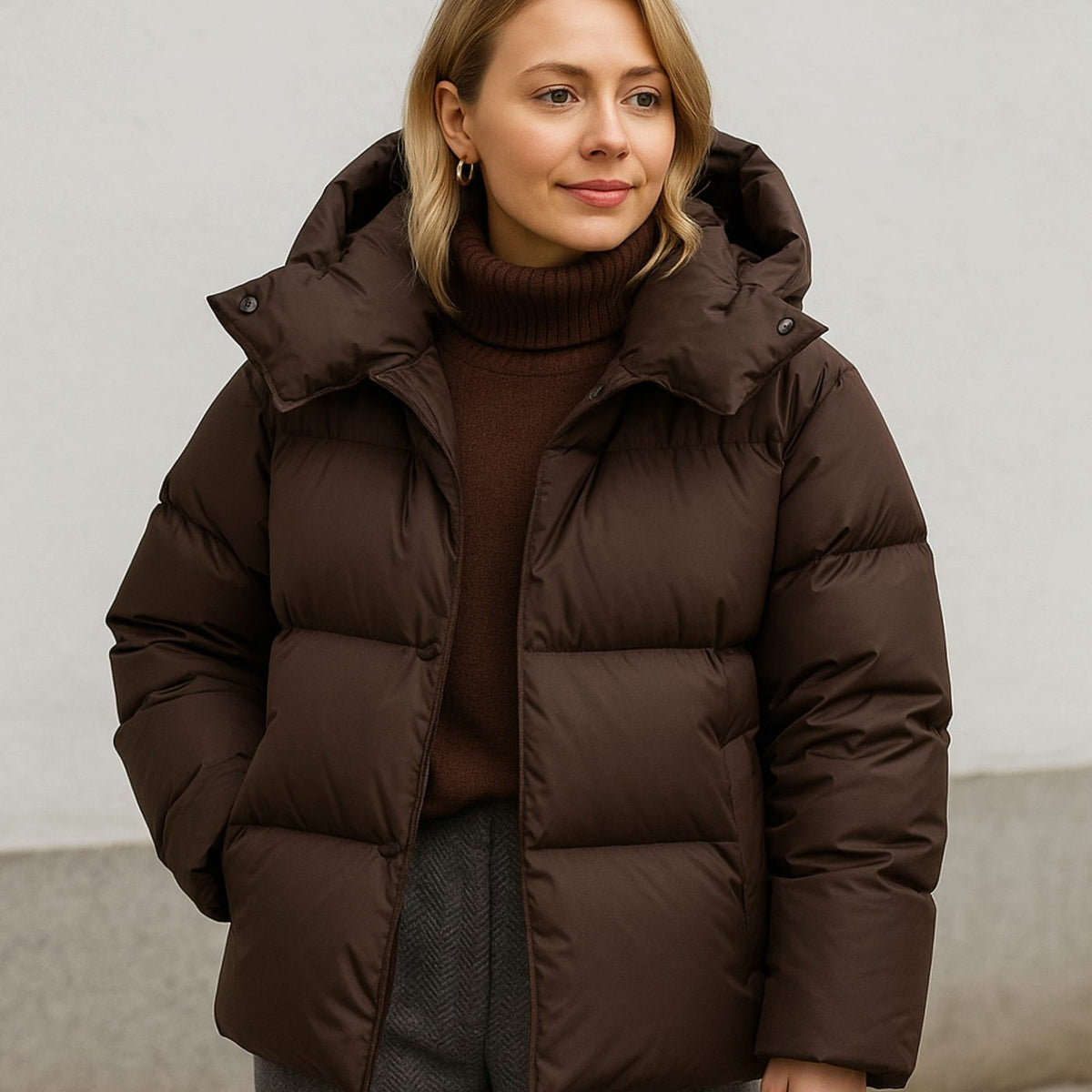 Anne Womens Puffer Jacket Boxy Fit with Detachable Hood in Brown