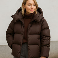 Anne | Womens Puffer Jacket Boxy Fit with Detachable Hood | Padded, Stand Collar | Brown, Burgundy, Black S-XL