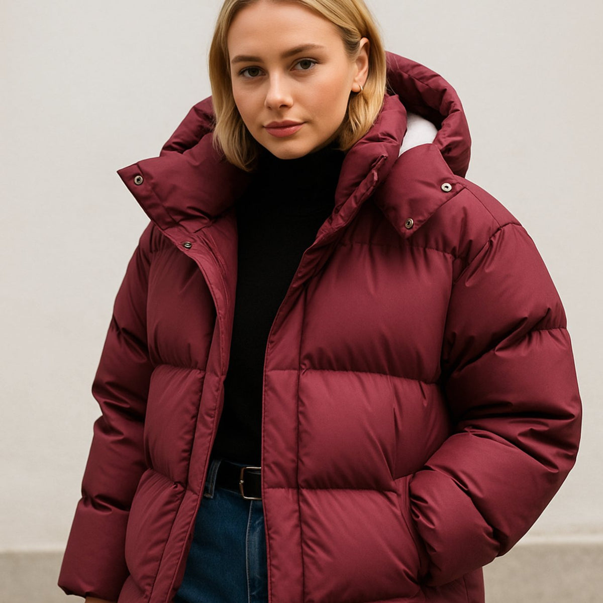 Anne Womens Puffer Jacket Boxy Fit with Detachable Hood in Burgundy