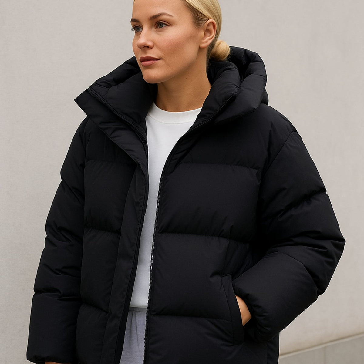 Anne Womens Puffer Jacket Boxy Fit with Detachable Hood in Black