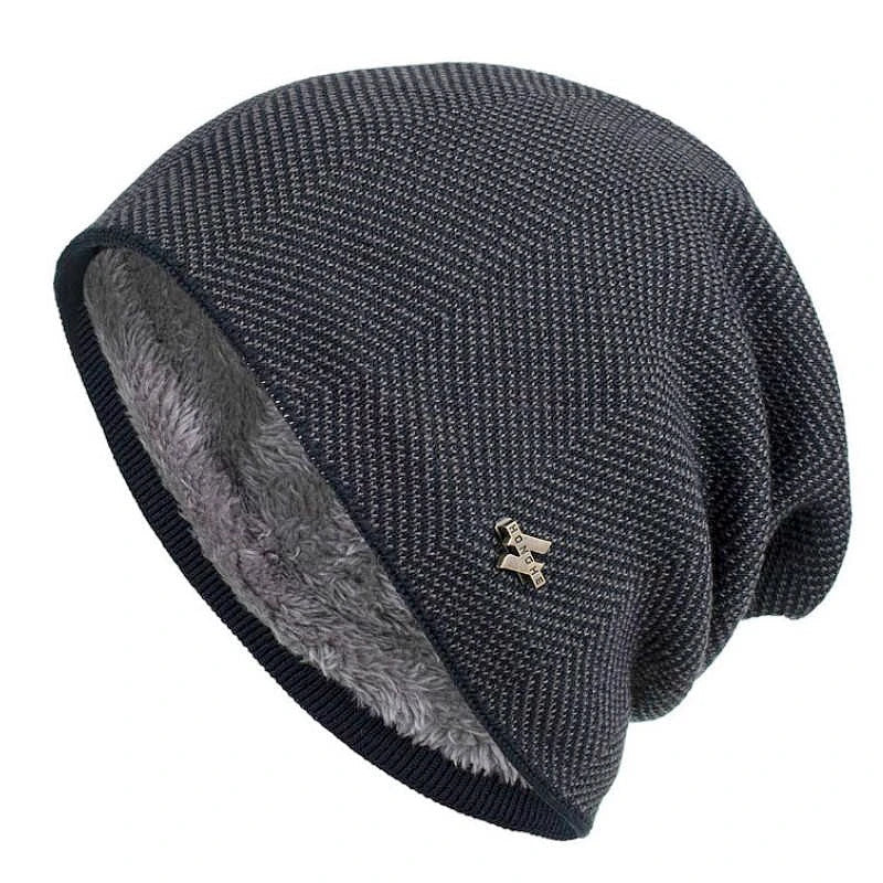 Alex Unisex Herringbone Knit Beanie with Faux Fur Lining in Charcoal
