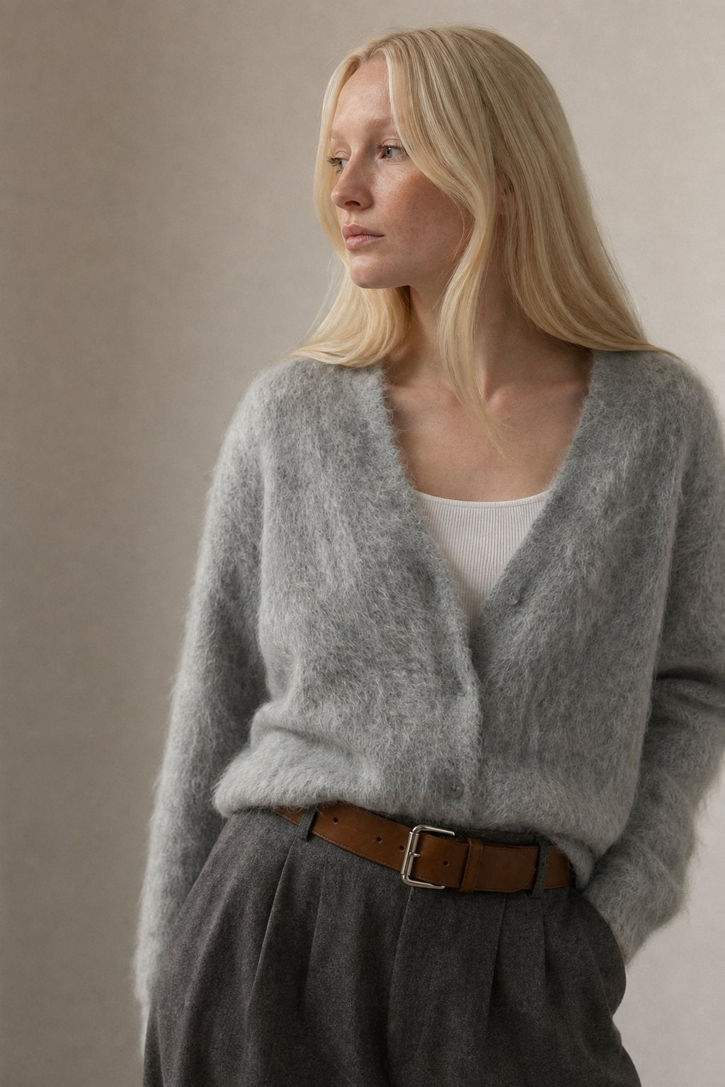 Vanessa Womens Oversized Cardigan Sweater with Soft Cashmere-Like Feel in Light Gray Fur