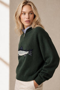 Hadley | Womens Half-Zip Knit Sweater with Fish Pattern | Wool-Blend, Ribbed Cuffs | Forest Green, Black and More XS-XL