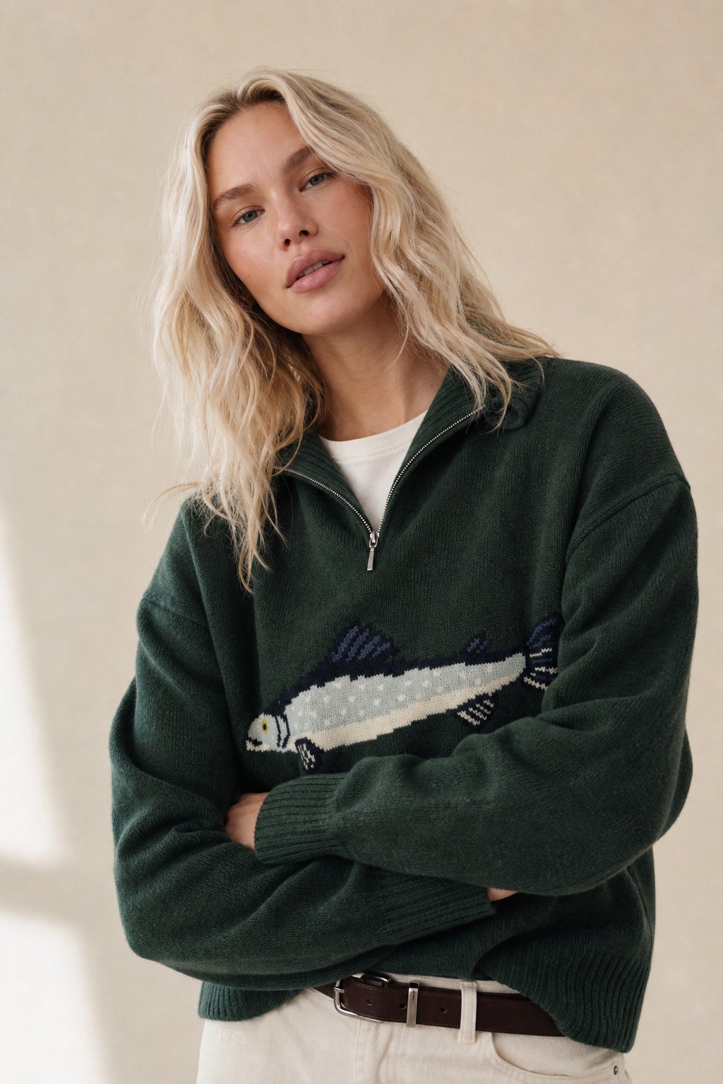 Hadley Womens Half-Zip Knit Sweater with Fish Pattern in Forest Green