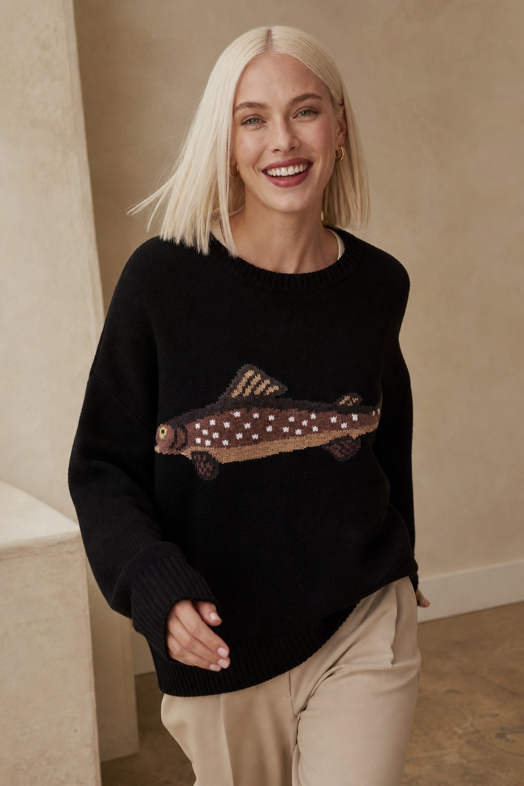 Hadley Womens Half-Zip Knit Sweater with Fish Pattern