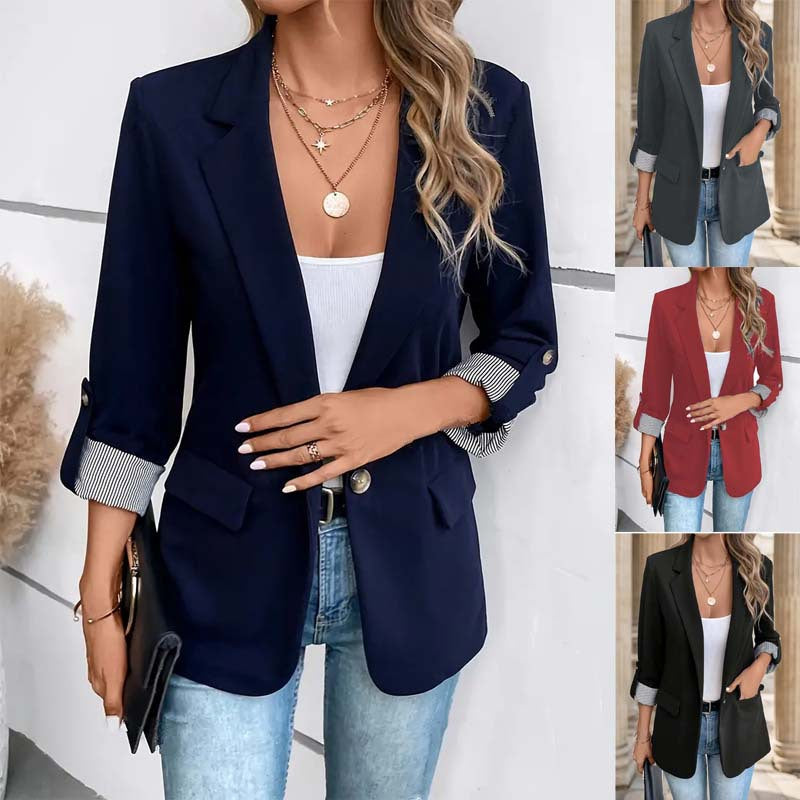 Women's Open-Front Notch Lapel Blazer, Striped Cuffs | Relaxed Layering Fit, Flap Pockets | 5 Colorways | S–XXXL