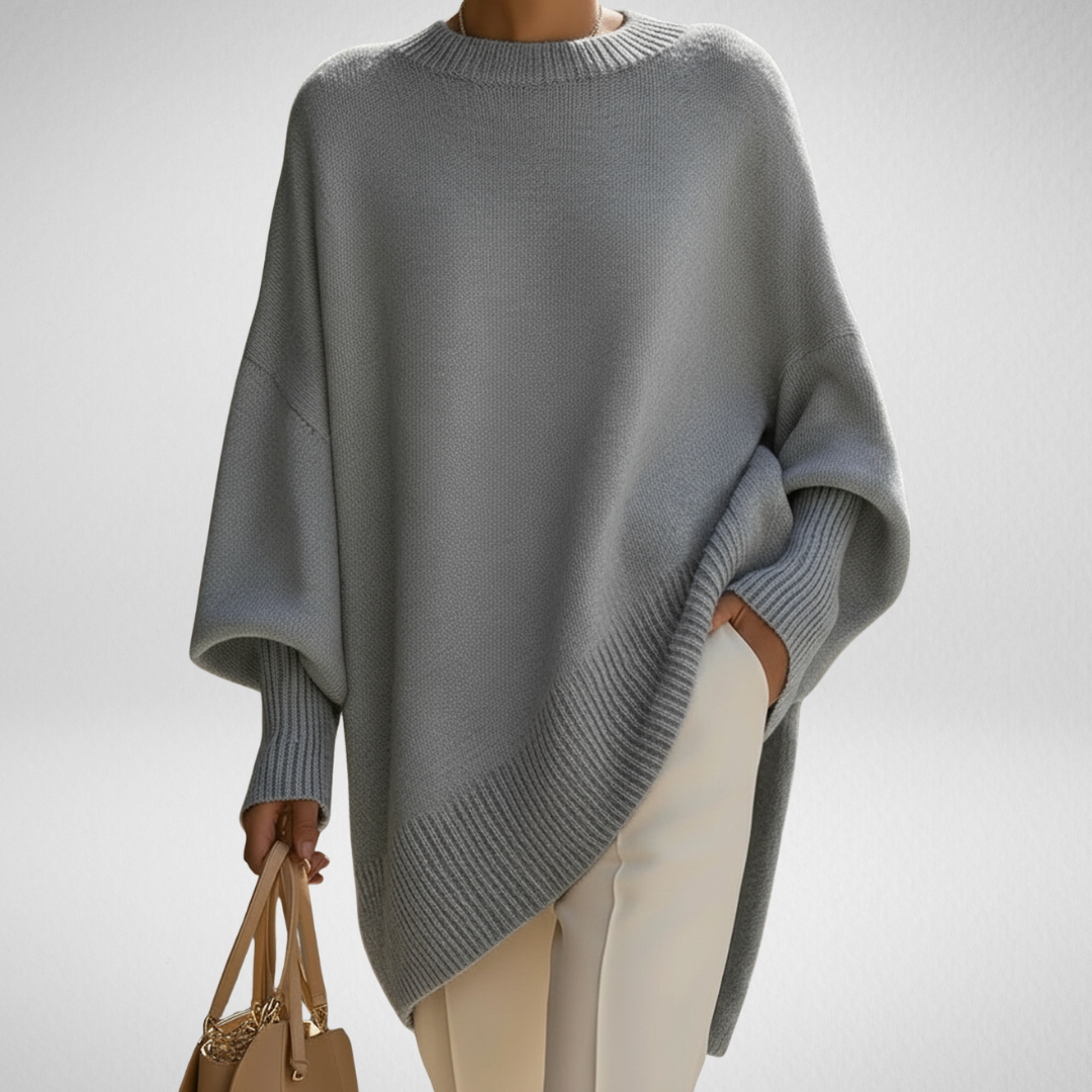 Halvara | Women's Oversized Batwing Knit Sweater — Mock Neck Pullover with Asymmetric Hem | Westmere
