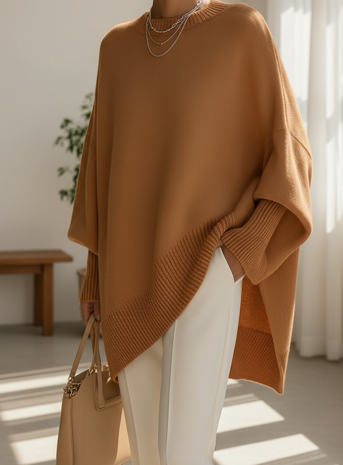Halvara | Women's Oversized Batwing Knit Sweater — Mock Neck Pullover with Asymmetric Hem | Westmere