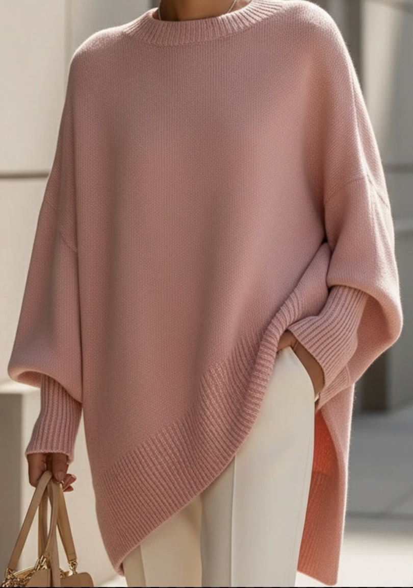 Halvara | Women's Oversized Batwing Knit Sweater — Mock Neck Pullover with Asymmetric Hem | Westmere