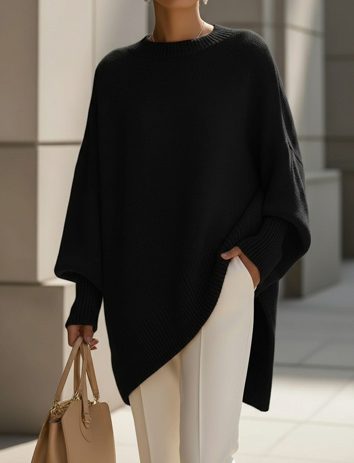 Halvara | Women's Oversized Batwing Knit Sweater — Mock Neck Pullover with Asymmetric Hem | Westmere