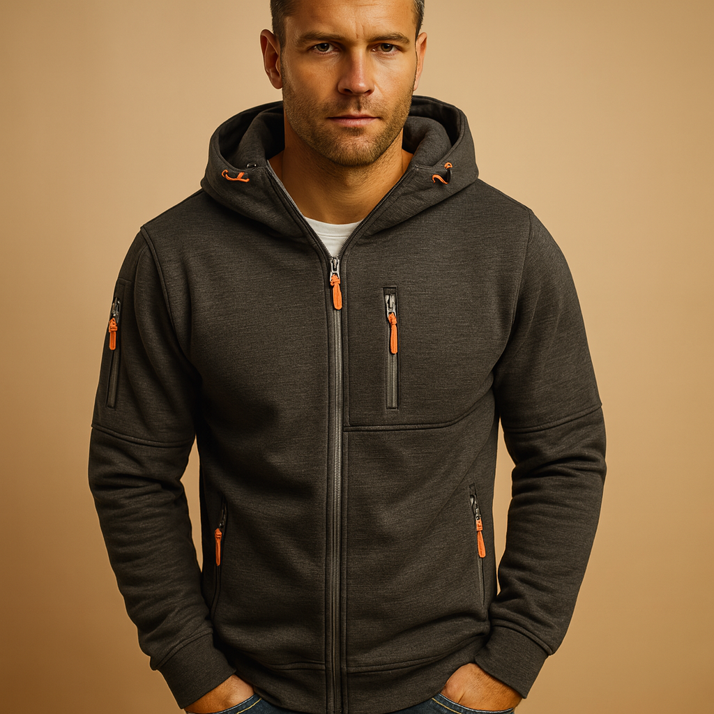 Ian Mens Zip Up Hoodie with Zip Pockets in Dark Gray