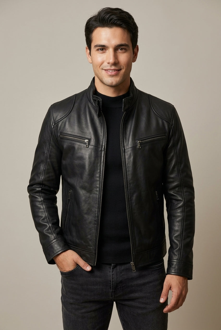 Jon Mens Leather Jacket with Stand Collar in Black