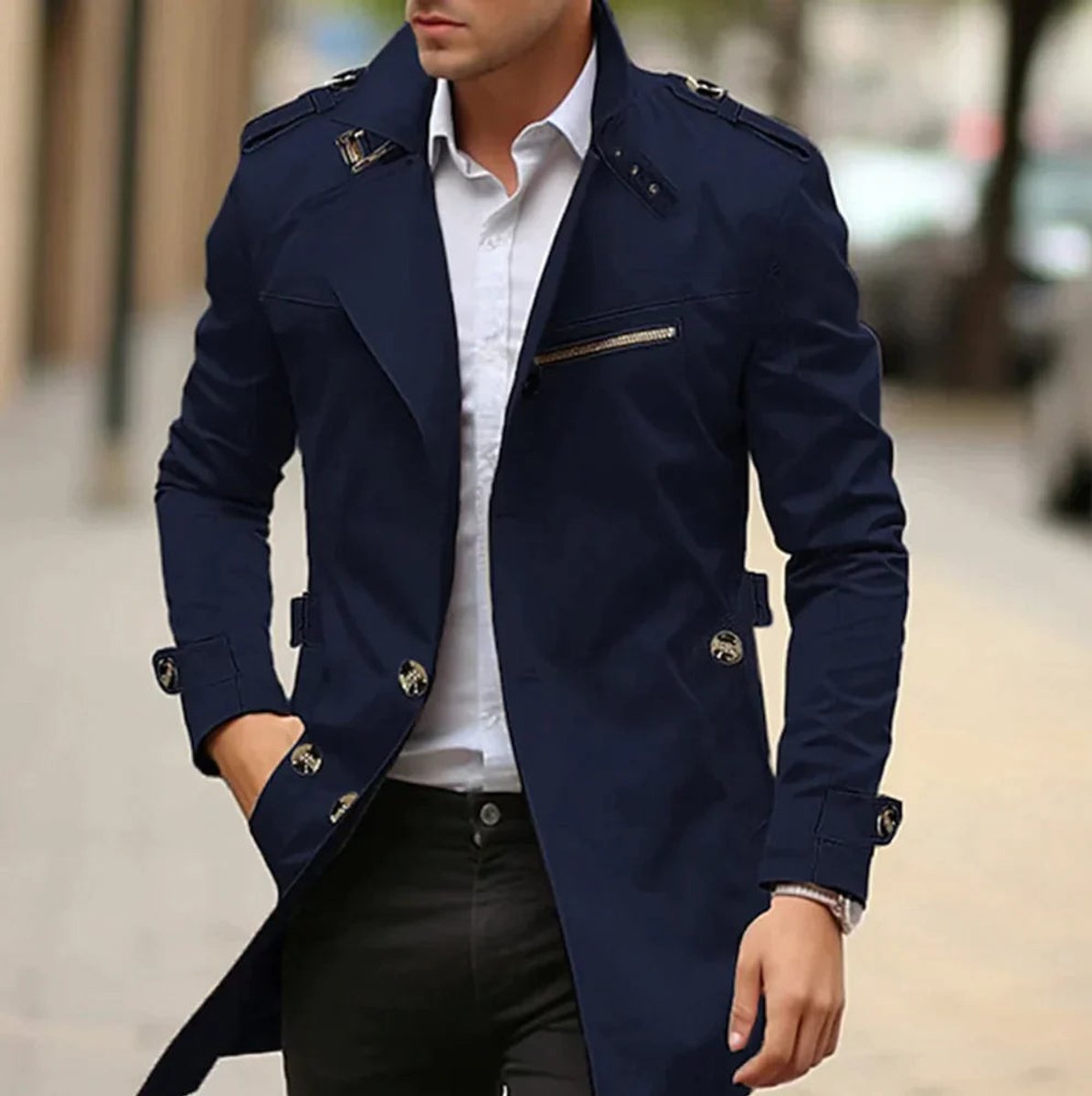 Niklas | Herren Trenchcoat mit Schulterriemen — Klassischer Wool Coat mit Reißverschlusstasche in 5 Farben | Westmere