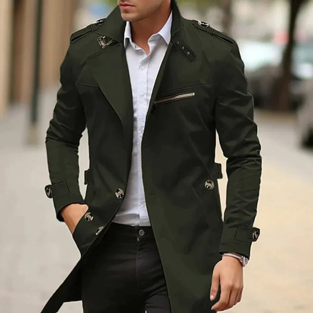 Niklas | Herren Trenchcoat mit Schulterriemen — Klassischer Wool Coat mit Reißverschlusstasche in 5 Farben | Westmere