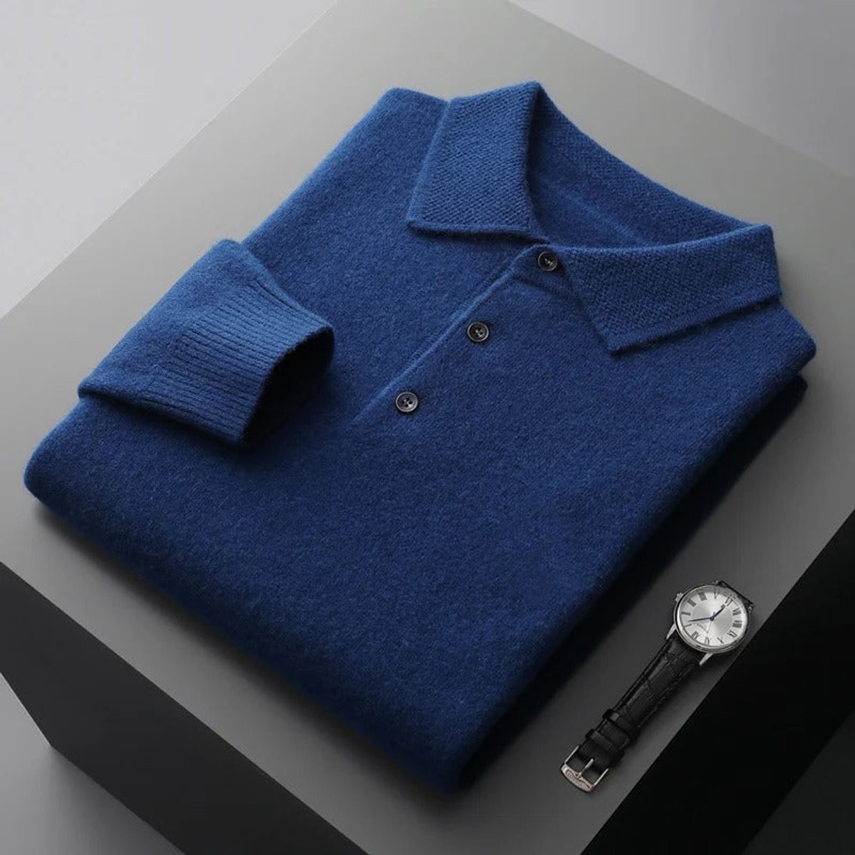 Sebastian | Herren Kaschmir Polo Knit Sweater — Langarm Business Pullover mit Knopfleiste in 5 Farben | Westmere