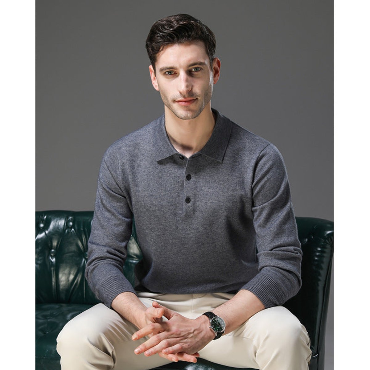 Sebastian | Herren Kaschmir Polo Knit Sweater — Langarm Business Pullover mit Knopfleiste in 5 Farben | Westmere