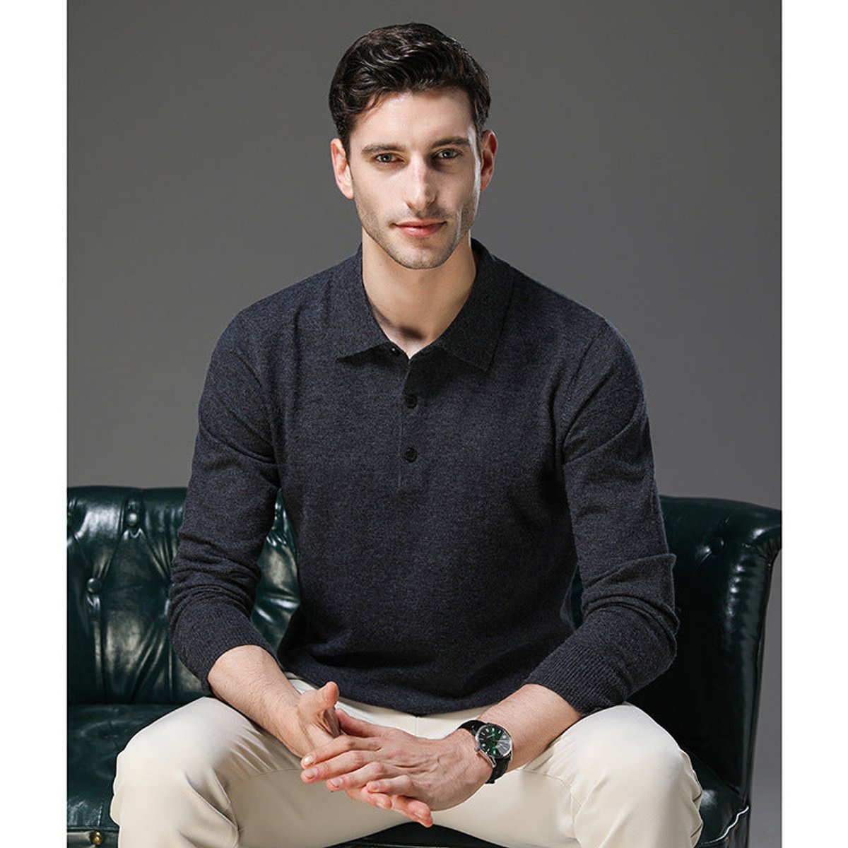 Sebastian | Herren Kaschmir Polo Knit Sweater — Langarm Business Pullover mit Knopfleiste in 5 Farben | Westmere