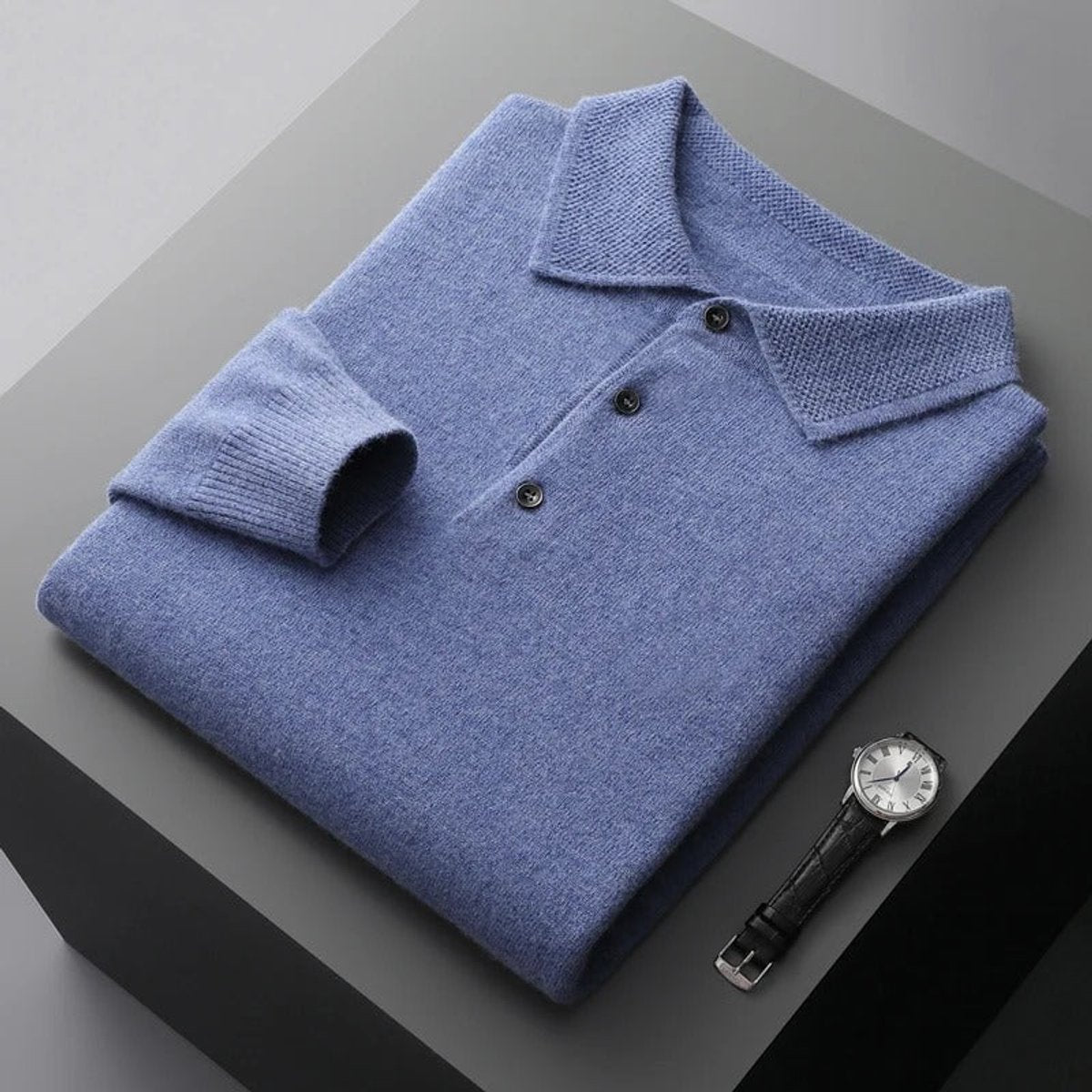 Sebastian | Herren Kaschmir Polo Knit Sweater — Langarm Business Pullover mit Knopfleiste in 5 Farben | Westmere