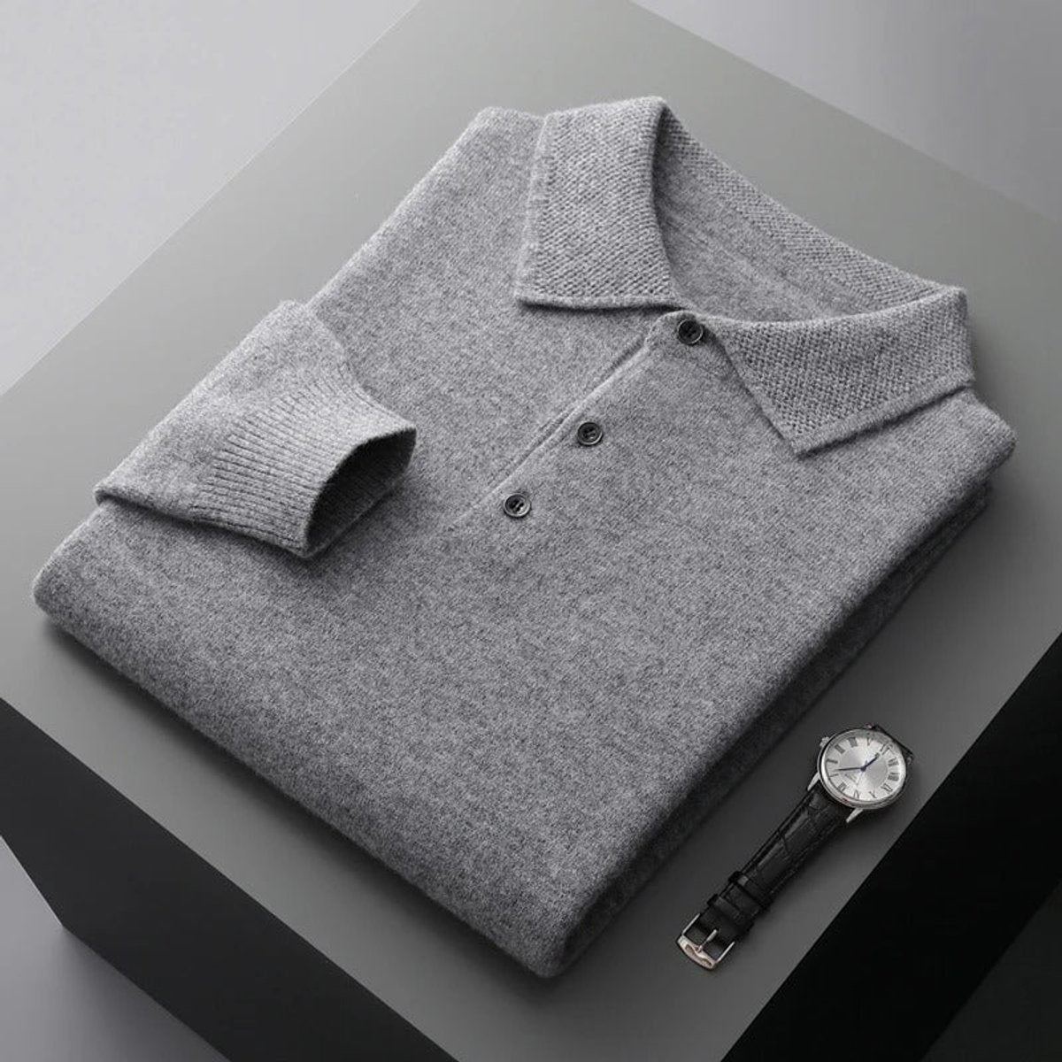 Sebastian | Herren Kaschmir Polo Knit Sweater — Langarm Business Pullover mit Knopfleiste in 5 Farben | Westmere