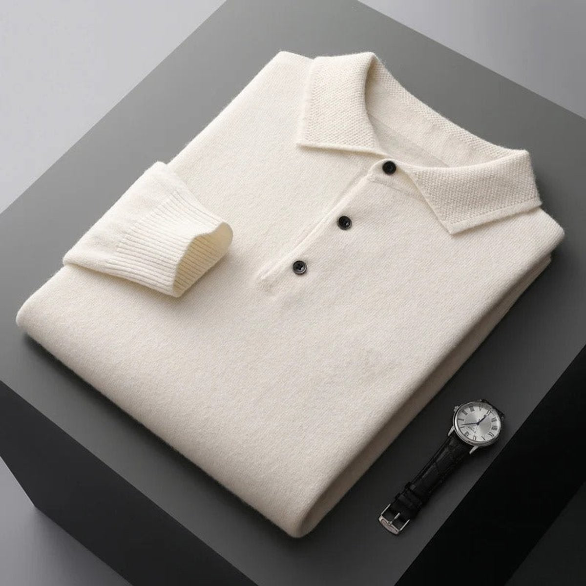 Sebastian | Herren Kaschmir Polo Knit Sweater — Langarm Business Pullover mit Knopfleiste in 5 Farben | Westmere