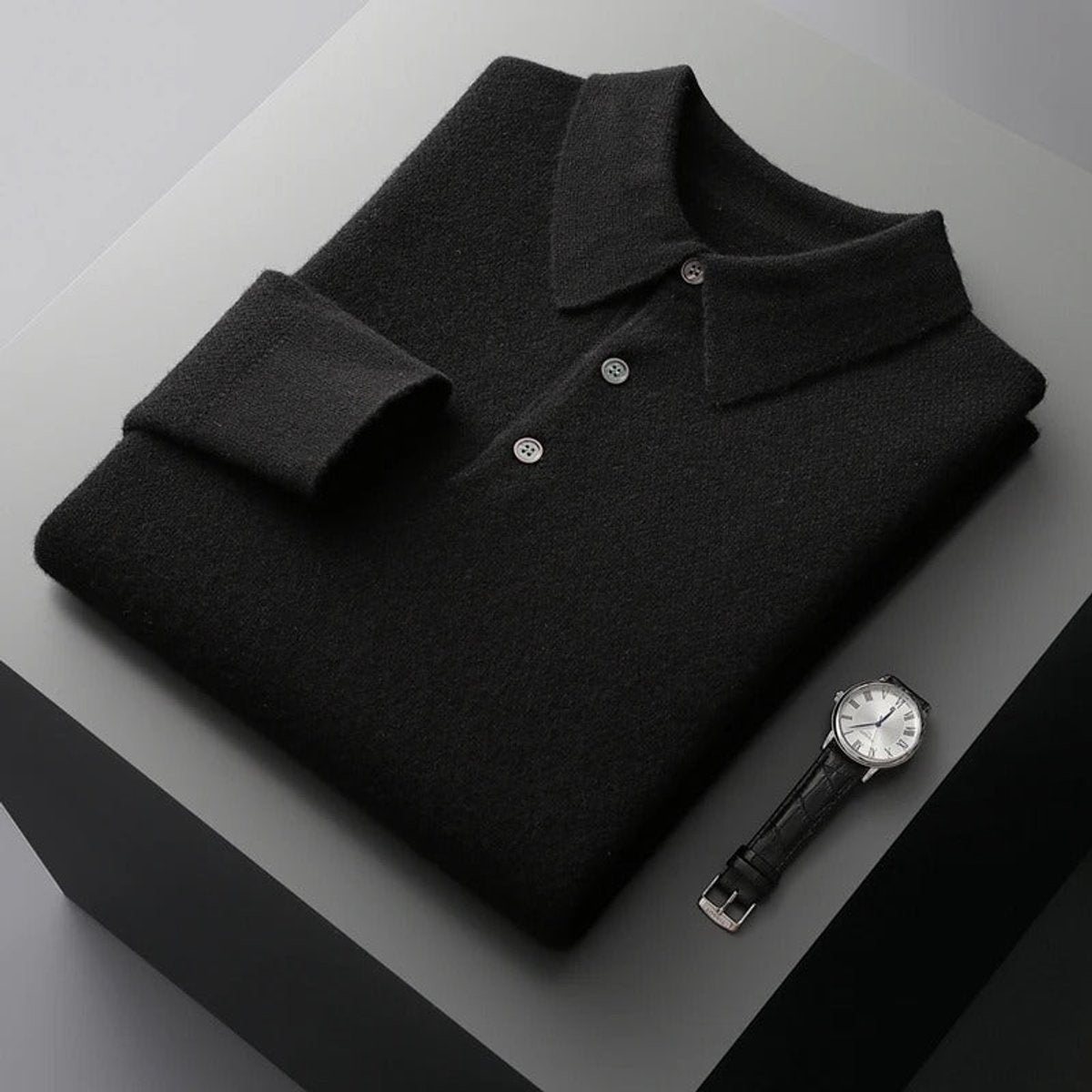 Sebastian | Herren Kaschmir Polo Knit Sweater — Langarm Business Pullover mit Knopfleiste in 5 Farben | Westmere