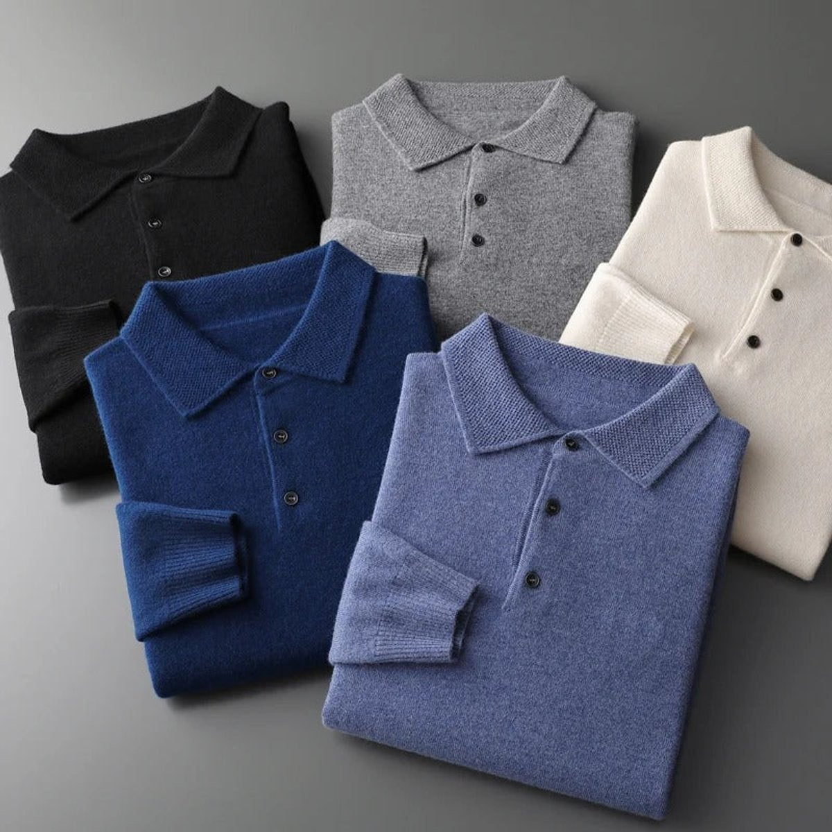 Sebastian | Herren Kaschmir Polo Knit Sweater — Langarm Business Pullover mit Knopfleiste in 5 Farben | Westmere