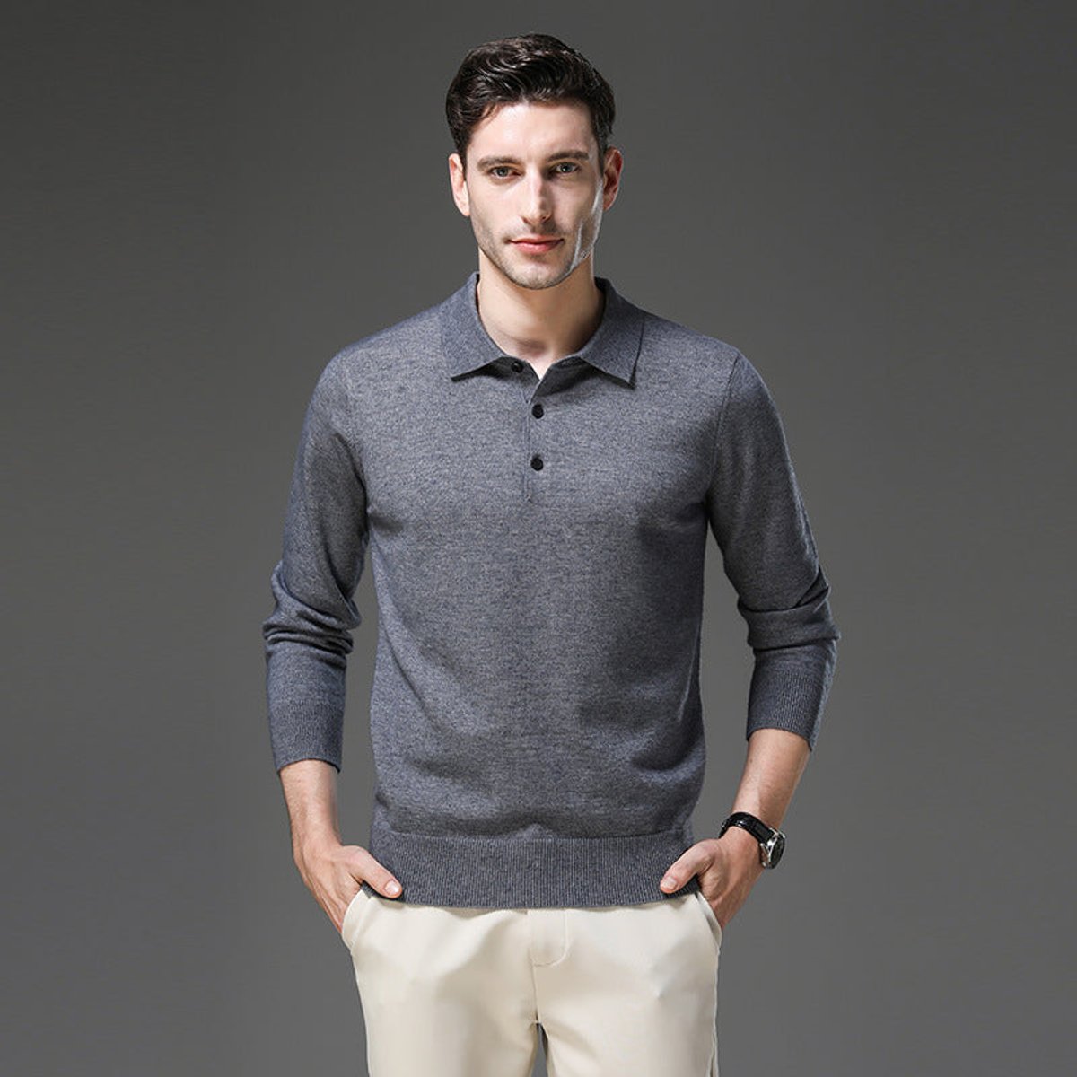 Sebastian | Herren Kaschmir Polo Knit Sweater — Langarm Business Pullover mit Knopfleiste in 5 Farben | Westmere